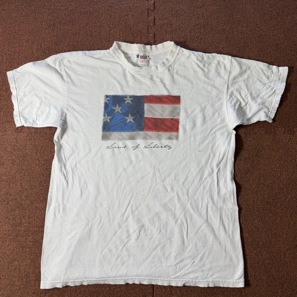 Vintage Anvil Land of Liberty American Flag‎ T-Shirt White Distressed Mens Large